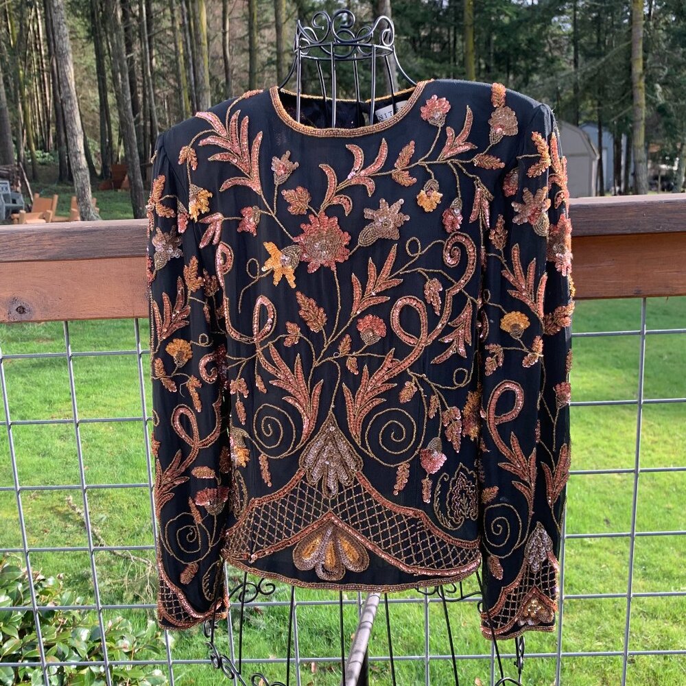 1994 Niteline Della Roufogali size Medium Black Silk Beaded and Sequined Tunic